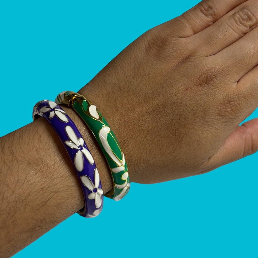 Set of 2 Purple Green Enamel Snap Shut Bracelets